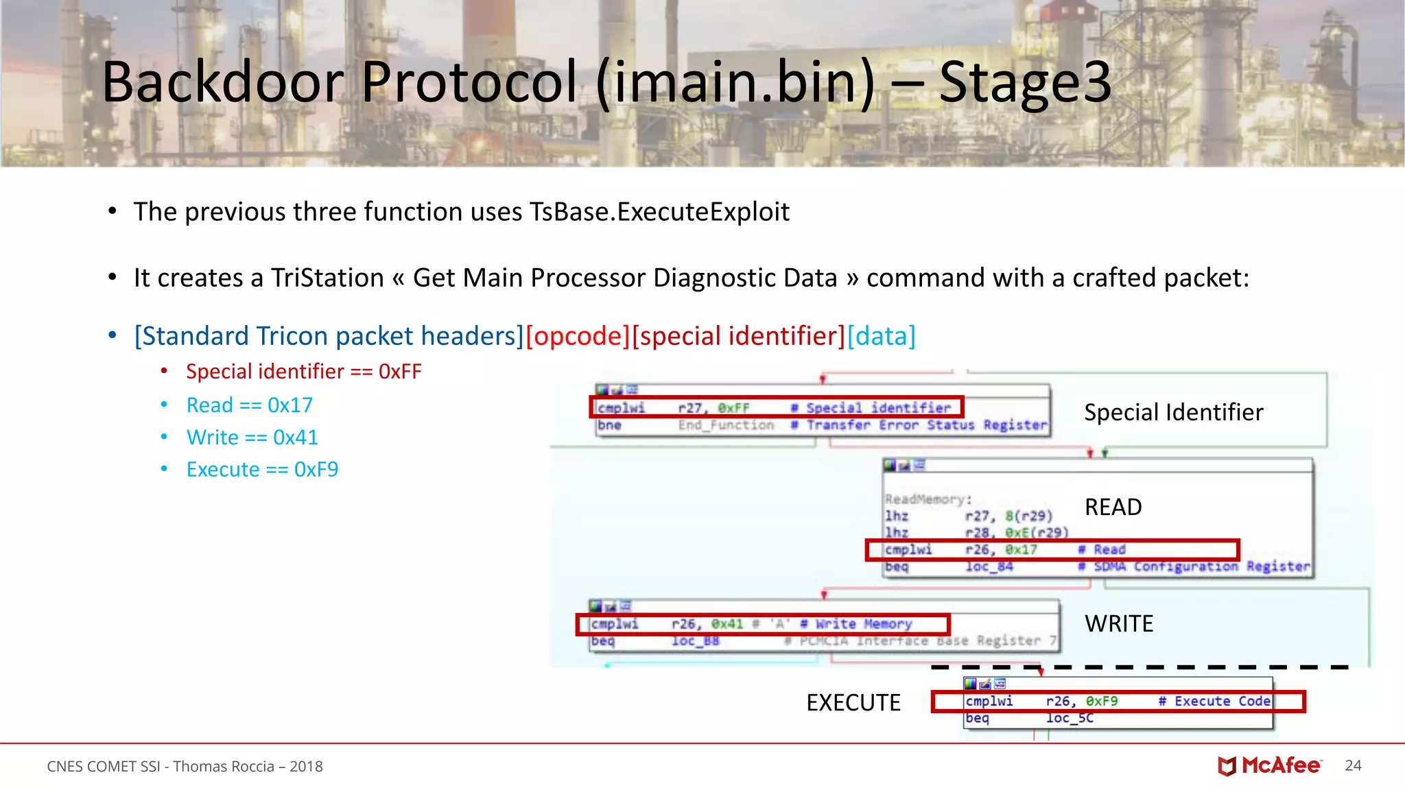 24CNES COMET SSI - Thomas Roccia – 2018
Backdoor Protocol (imain.bin) – Stage3
• The previous three function uses TsBase.ExecuteExploit
• It creates a TriStation « Get Main Processor Diagnostic Data » command with a crafted packet:
• [Standard Tricon packet headers][opcode][special identifier][data]
• Special identifier == 0xFF
• Read == 0x17
• Write == 0x41
• Execute == 0xF9
Special Identifier
READ
WRITE
EXECUTE
 