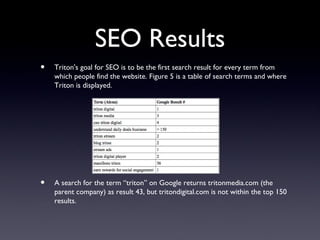 SEO Results
•   Triton's goal for SEO is to be the first search result for every term from
    which people find the website. Figure 5 is a table of search terms and where
    Triton is displayed.




•   A search for the term “triton” on Google returns tritonmedia.com (the
    parent company) as result 43, but tritondigital.com is not within the top 150
    results.
 