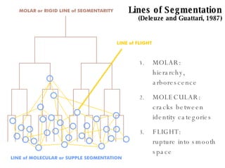 MOLAR: hierarchy, arborescence MOLECULAR: cracks between identity categories FLIGHT: rupture into smooth space Lines of Segmentation (Deleuze and Guattari, 1987) 
