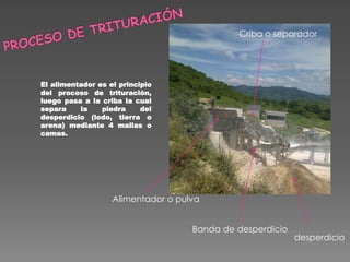 El alimentador es el principio
del proceso de trituración,
luego pasa a la criba la cual
separa la piedra del
desperdicio (lodo, tierra o
arena) mediante 4 mallas o
camas.
Banda de desperdicio
Criba o separador
desperdicio
Alimentador o pulva
 