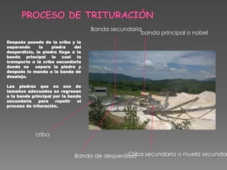 Después pasado de la criba y la
separando la piedra del
desperdicio, la piedra llega a la
banda principal la cual lo
transporta a la criba secundaria
donde se separa la piedra y
después lo manda a la banda de
desalojo.
Las piedras que no son de
tamaños adecuados se regresan
a la banda principal por la banda
secundaria para repetir el
proceso de trituración.
Banda secundaria
banda principal o nobel
Banda de desperdicioCriba secundaria o muela secundar
criba
 