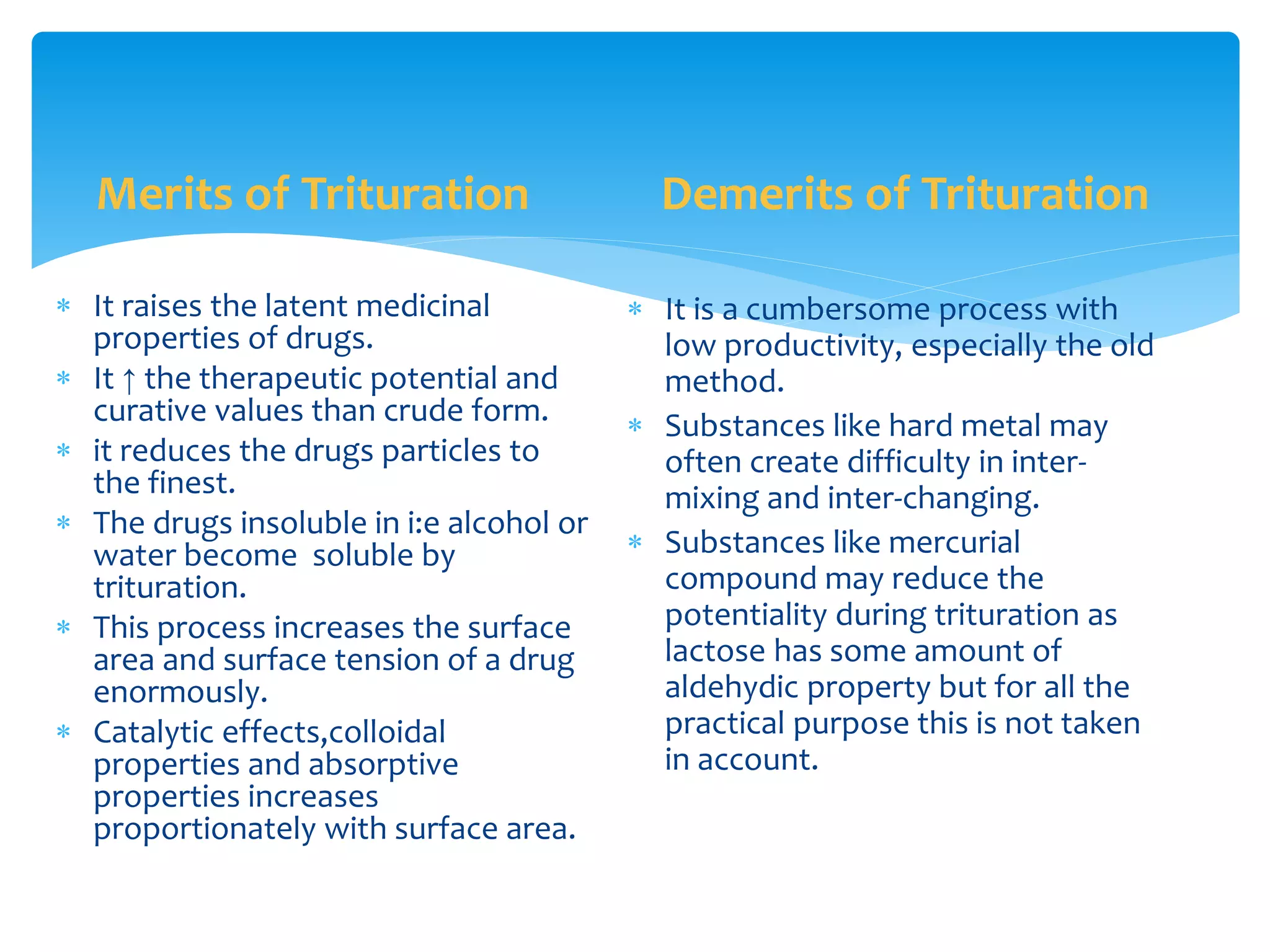Merits of Trituration
 It is a cumbersome process with
low productivity, especially the old
method.
 Substances like hard metal may
often create difficulty in inter-
mixing and inter-changing.
 Substances like mercurial
compound may reduce the
potentiality during trituration as
lactose has some amount of
aldehydic property but for all the
practical purpose this is not taken
in account.
Demerits of Trituration
 It raises the latent medicinal
properties of drugs.
 It ↑ the therapeutic potential and
curative values than crude form.
 it reduces the drugs particles to
the finest.
 The drugs insoluble in i:e alcohol or
water become soluble by
trituration.
 This process increases the surface
area and surface tension of a drug
enormously.
 Catalytic effects,colloidal
properties and absorptive
properties increases
proportionately with surface area.
 