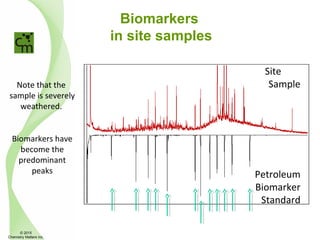 Biomarkers
in site samples
Note that the
sample is severely
weathered.
Biomarkers have
become the
predominant
peaks Petroleum
Biomarker
Standard
Site
Sample
© 2015
Chemistry Matters Inc.
 