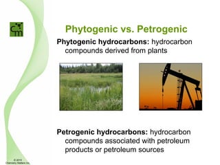 Phytogenic vs. Petrogenic
Phytogenic hydrocarbons: hydrocarbon
compounds derived from plants
Petrogenic hydrocarbons: hydrocarbon
compounds associated with petroleum
products or petroleum sources
© 2015
Chemistry Matters Inc.
 