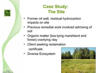 Case Study:
The Site
• Former oil well, residual hydrocarbon
impacts on site
• Previous remedial work involved admixing of
soil
• Organic matter (low-lying marshland and
forest) overlying clay
• Client seeking reclamation
certificate
• Diverse Ecosystem
© 2015
Chemistry Matters Inc.
 