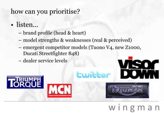 how can you prioritise? listen... brand profile (head & heart)model strengths & weaknesses (real & perceived)emergent competitor models (Tuono V4, new Z1000, Ducati Streetfighter 848)dealer service levels 