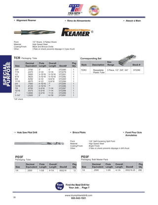 38
www.triumphtwistdrill.com
800-942-1501
®
Point: 1/2” Shank, 3-Flatted Shank
Material: High Speed Steel
Coating/Finish: Black and Bronze Oxide
Other: 3 ﬂats on shank prevents slippage in 3-jaw chuck
• Alignment Reamer • Rima de Alineamiento • Alesoir à Main
TCR3 Resealable 3 Piece, 1/2”, 5/8”, 3/4” 072290
Plastic Tube
Corresponding Set
Size
Style Description Range Stock #
TCR Packaging: Tube
Decimal Flute Overall Pkg
Size Equivalent Length Length Stock# Qty
3/8* .3750 3” 5” 072280 1
7/16 .4375 3-1/4 5-1/4 072279 1
1/2 .5000 3-15/16 5-15/16 072281 1
9/16 .5625 3-15/16 5-15/16 072282 1
5/8 .6250 4-1/2 6-9/16 072283 1
11/16 .6875 4-1/2 6-9/16 072284 1
3/4 .7500 4-15/16 7” 072285 1
13/16 .8125 4-15/16 7” 072286 1
7/8 .8750 5-3/16 7-1/4 072287 1
15/16 .9375 5-3/16 7-1/4 072288 1
1” 1.0000 5-3/16 7-1/4 072289 1
1-1/4” 1.2500 5” 6-7/8 072291 1
*3/8” shank
1/4 .2500 1-3/8 4-1/4 093216 12
Decimal Flute Overall Pkg
Size Equivalent Length Length Stock# Qty
Point: 135° Self-Centering Split Point
Material: High Speed Steel
Coating/Finish: Bright Finish
Other: 3 ﬂats on shank prevents slippage in drill chuck
PD3F
Packaging: Tube
• Hole Saw Pilot Drill • Broca Piloto • Foret Pour Scie
Annulaires
SPECIAL
PURPOSE
1/4 .2500 1-3/8 4-1/4 093216.20 288
Decimal Flute Overall Pkg
Size Equivalent Length Length Stock# Qty
PD3F
Packaging: Bulk Master Pack
®
Tool
Tip
Find the Best Drill for
Your Job . . Page 7
 