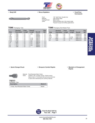 www.triumphtwistdrill.com
800-942-1501 39
®
SPECIAL
PURPOSE
1/8 .1250 1/2 2 098808.20 288
9/64 .1406 1/2 2 098809.20 288
3/16 .1875 1/2 2-3/16 098812.20 288
1/4 .2500 1/2 2-1/2 098816.20 288
30 .1285 1/2 2 098830.20 288
TSM8 Packaging: Bulk Master Pack
Decimal Flute Overall Pkg
Size Equivalent Length Length Stock# Qty
Point: 135° Split Point, Double End
Material: High Speed Steel
Coating/Finish: Black Oxide
Other: Recommended use in thin sheet metal.
Popular for pop-rivet drilling applications
• Body Drill
TSM8 Packaging: Tube
7/64 .1094 1/2 1-7/8 098807 12
1/8 .1250 1/2 2 098808 12
9/64 .1406 1/2 2 098809 12
5/32 .1562 1/2 2-1/16 098810 12
3/16 .1875 1/2 2-3/16 098812 12
7/32 .2188 1/2 2-3/8 098814 12
1/4 .2500 1/2 2-1/2 098816 12
11 .1910 1/2 2-1/4 098811 12
20 .1610 1/2 2-1/8 098820 12
30 .1285 1/2 2 098830 12
Decimal Flute Overall Pkg
Size Equivalent Length Length Stock# Qty
• Broca Hojalatero • Foret Pour
Carrosserie
Material: Rust-Resistant Black Oxide
Other: Installs in 3/8” or larger chucks. Positive locking
feature holds 1/4” hex shank drills and screw driver bits
in place when withdrawing from working materials
TQCCI
Packaging: Tube
• Quick Change Chuck
Description Stock #
3-Flats, Rust-Resistant Black Oxide 99200
• Broquero Cambio Rapido • Mandarin à Changement
Rapide
Tool
Tip
Find the Best Drill for
Your Job . . Page 7
 