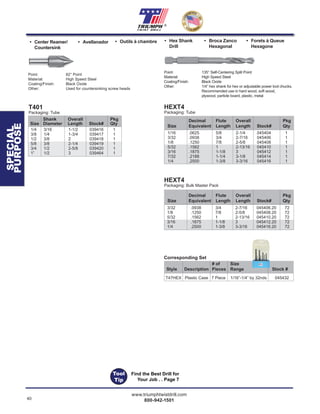 40
www.triumphtwistdrill.com
800-942-1501
®
SPECIAL
PURPOSE
Point: 135° Self-Centering Split Point
Material: High Speed Steel
Coating/Finish: Black Oxide
Other: 1/4” hex shank for hex or adjustable power tool chucks.
Recommended use in hard wood, soft wood,
plywood, particle board, plastic, metal
• Hex Shank
Drill
Decimal Flute Overall Pkg
Size Equivalent Length Length Stock# Qty
1/16 .0625 5/8 2-1/4 045404 1
3/32 .0938 3/4 2-7/16 045406 1
1/8 .1250 7/8 2-5/8 045408 1
5/32 .1562 1 2-13/16 045410 1
3/16 .1875 1-1/8 3 045412 1
7/32 .2188 1-1/4 3-1/8 045414 1
1/4 .2500 1-3/8 3-3/16 045416 1
3/32 .0938 3/4 2-7/16 045406.20 72
1/8 .1250 7/8 2-5/8 045408.20 72
5/32 .1562 1 2-13/16 045410.20 72
3/16 .1875 1-1/8 3 045412.20 72
1/4 .2500 1-3/8 3-3/16 045416.20 72
HEXT4
Packaging: Tube
HEXT4
Packaging: Bulk Master Pack
Decimal Flute Overall Pkg
Size Equivalent Length Length Stock# Qty
• Outils à chambre
Point: 82° Point
Material: High Speed Steel
Coating/Finish: Black Oxide
Other: Used for countersinking screw heads
T401
Packaging: Tube
• Center Reamer/
Countersink
• Avellanador
1/4 3/16 1-1/2 039416 1
3/8 1/4 1-3/4 039417 1
1/2 3/8 2 039418 1
5/8 3/8 2-1/4 039419 1
3/4 1/2 2-5/8 039420 1
1” 1/2 3 039464 1
Shank Overall Pkg
Size Diameter Length Stock# Qty
• Broca Zanco
Hexagonal
• Forets à Queue
Hexagone
Corresponding Set
T47HEX Plastic Case 7 Piece 1/16”-1/4” by 32nds 045432
# of Size
Style Description Pieces Range Stock #
Tool
Tip
Find the Best Drill for
Your Job . . Page 7
 