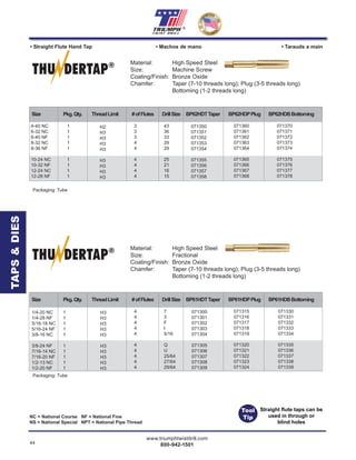 44
www.triumphtwistdrill.com
800-942-1501
®
• Straight Flute Hand Tap • Machos de mano • Tarauds a main
NC = National Course NF = National Fine
NS = National Special NPT = National Pipe Thread
Material: High Speed Steel
Size: Fractional
Coating/Finish: Bronze Oxide
Chamfer: Taper (7-10 threads long); Plug (3-5 threads long)
Bottoming (1-2 threads long)
THU DERTAP®
Size Pkg.Qty. ThreadLimit #ofFlutes DrillSize BP61HDTTaper BP61HDPPlug BP61HDBBottoming
1/4-20 NC 1
1/4-28 NF 1
5/16-18 NC 1
5/16-24 NF 1
3/8-16 NC 1
3/8-24 NF 1
7/16-14 NC 1
7/16-20 NF 1
1/2-13 NC 1
1/2-20 NF 1
H3
H3
H3
H3
H3
H3
H3
H3
H3
H3
4
4
4
4
4
4
4
4
4
4
7
3
F
I
5/16
Q
U
25/64
27/64
29/64
Packaging: Tube
071300
071301
071302
071303
071304
071305
071306
071307
071308
071309
071315
071316
071317
071318
071319
071320
071321
071322
071323
071324
071330
071331
071332
071333
071334
071335
071336
071337
071338
071339
Material: High Speed Steel
Size: Machine Screw
Coating/Finish: Bronze Oxide
Chamfer: Taper (7-10 threads long); Plug (3-5 threads long)
Bottoming (1-2 threads long)
THU DERTAP®
H2
H3
H3
H3
H3
H3
H3
H3
H3
3
3
3
4
4
4
4
4
4
43
36
33
29
29
25
21
16
15
Packaging: Tube
071350
071351
071352
071353
071354
071355
071356
071357
071358
071360
071361
071362
071363
071364
071365
071366
071367
071368
071370
071371
071372
071373
071374
071375
071376
071377
071378
4-40 NC 1
6-32 NC 1
6-40 NF 1
8-32 NC 1
8-36 NF 1
10-24 NC 1
10-32 NF 1
12-24 NC 1
12-28 NF 1
TAPS&DIES
Tool
Tip
Straight ﬂute taps can be
used in through or
blind holes
Size Pkg.Qty. ThreadLimit #ofFlutes DrillSize BP62HDTTaper BP62HDPPlug BP62HDBBottoming
 