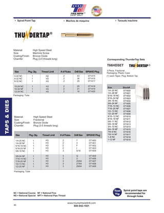 46
www.triumphtwistdrill.com
800-942-1501
®
• Spiral Point Tap • Machos de maquina • Tarauds machine
NC = National Course NF = National Fine
NS = National Special NPT = National Pipe Thread
Material: High Speed Steel
Size: Machine Screw
Coating/Finish: Bronze Oxide
Chamfer: Plug (3-5 threads long)
Size Pkg.Qty. ThreadLimit #ofFlutes DrillSize BP64HDPlug
H2
H3
H3
H3
H3
H3
2
2
2
2
2
2
43
36
29
25
21
16
071415
071416
071417
071418
071419
071420
4-40 NC 1
6-32 NC 1
8-32 NC 1
10-24 NC 1
10-32 NF 1
12-24 NC 1
THU DERTAP®
Material: High Speed Steel
Size: Fractional
Coating/Finish: Bronze Oxide
Chamfer: Plug (3-5 threads long)
Size Pkg.Qty. ThreadLimit #ofFlutes DrillSize BP63HDPlug
1/4-20 NC 1
1/4-28 NF 1
5/16-18 NC 1
5/16-24 NF 1
3/8-16 NC 1
3/8-24 NF 1
7/16-14 NC 1
7/16-20 NF 1
1/2-13 NC 1
1/2-20 NF 1
H3
H3
H3
H3
H3
H3
H3
H3
H3
H3
2
2
2
2
3
3
3
3
3
3
7
3
F
I
5/16
Q
U
25/64
27/64
29/64
071400
071401
071402
071403
071404
071405
071406
071407
071408
071409
Packaging: Tube
TAPS&DIES
Packaging: Tube
T66HDSET
(1) each Taper, Plug, Bottom Tap
3 Piece, Fractional
®
Packaging: Plastic Case
1/4–20 NC
1/4–28 NF
5/16–18 NC
5/16–24 NF
3/8–16 NC
3/8–24 NF
7/16–14 NC
7/16–20 NF
1/2–13 NC
1/2–20 NF
9/16–12 NC
9/16–18 NF
5/8–11 NC
5/8–18 NF
3/4–10 NC
3/4–16 NF
7/8–9 NC
7/8-14 NF
1–8 NC
1-12 NF
Size Stock#
071600
071601
071602
071603
071604
071605
071606
071607
071608
071609
071610
071611
071612
071613
071614
071615
071616
071617
071618
071619
Corresponding ThunderTap Sets
Tool
Tip
Spiral point taps are
recommended for
through holes
 