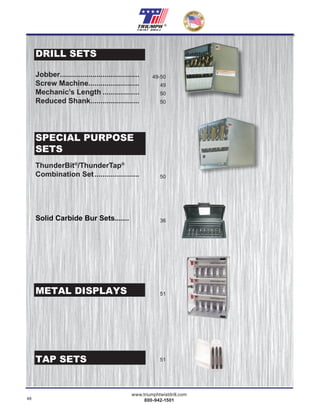 48
www.triumphtwistdrill.com
800-942-1501
®
49-50
49
50
50
50
36
51
51
DRILL SETS
Jobber.......................................
Screw Machine.........................
Mechanic’s Length ..................
Reduced Shank........................
SPECIAL PURPOSE
SETS
ThunderBit®
/ThunderTap®
Combination Set......................
Solid Carbide Bur Sets.......
METAL DISPLAYS
TAP SETS
 