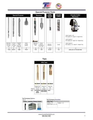 www.triumphtwistdrill.com
800-942-1501 5
®
HSS Taps
Tubes: 1, 5
Snap Pack: 3, 6, 12
Tubes: 1, 5
Tap Packaging QuantitiesPage 52
Tap Packaging Options
Tubes Indexes, Plastic Cases
Special Purpose
Hole Saw,
Pilot Drill,
118° Split,
HSS
1/4” Hex
Shank,
135° Split,
HSS
38 40
PD3F HEXT4
BodyDrill,
Double
End,135°
Split,HSS
Quick
Change
Adaptor
39 39
TSM8 TQCCI
38 40
Alignment
Reamer,
HSS
Center
Reamer,
Countersink,
82°, HSS
TCR T401
Reamers
®
Cobalt
TAC
Annular
Cutters
37
Straight Flute
Hand Tap
Spiral Point
Tap
Taper Pipe
Tap
43-44 45-46 47Page #
Style T61HD,BP61HD
T62HD,
BP62HD
T63HD,BP63HD,
T64HD,BP64HD
T65HD
HSS Taps
THU DERTAP®
THU DERTAP®
THU DERTAP®
Taps
Special Purpose Tools
35-36
Standard,
Miniature
SA-SN
Solid
Carbide
Burs
Cutter Capacity 1-3/8”,
Drill Capacity 1/2”, Height 15”, Weight 28 lbs
Cutter Capacity 2”,
Drill Capacity 3/4”, Height 15.5”, Weight 40 lbs
Cutter Capacity 4”,
Drill Capacity 1-1/2”, Height 21”, Weight 57 lbs
Annular Cutter
Machines
37
ANNULAR CUTTER MACHINE
 