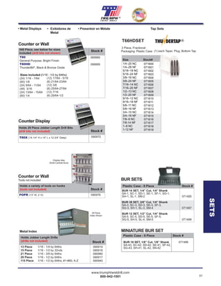 Stock #
(24) 1/16 - 7/64
(60) 1/8
(24) 9/64 - 11/64
(48) 3/16
(24) 13/64 - 15/64
(60) 1/4
(12) 17/64 - 5/16
(6) 21/64-23/64
(12) 3/8
(6) 25/64-27/64
(12) 7/16
(6) 29/64-1/2
T80
General Purpose, Bright Finish
T80HD
ThunderBit®
, Black & Bronze Oxide
090970T80X (14-1/4” H x 14” L x 12-3/4” Deep)
069980
099995
Counter or Wall
Counter Display
Stock #
090919
090918
090980
090917
090940
13 Piece 1/16 - 1/4 by 64ths
15 Piece 1/16 - 1/2 by 32nds
21 Piece 1/16 - 3/8 by 64ths
29 Piece 1/16 - 1/2 by 64ths
115 Piece 1/16 - 1/2 by 64ths; #1-#60, A-Z
Stock #
Holds Jobber Length Drills
(drills not included)
Metal Index
Display Idea
(Solid Carbide Burs)
Stock #
Holds a variety of tools on hooks
(tools not included)
POPR (13” W, 2’ H) 090976
Sizes Included (1/16 - 1/2 by 64ths)
29 Piece
Index Shown
Stock #
Counter or Wall
Counter Display
Stock #
Sizes Included (1/16 - 1/2 by 64ths)
Stock #540 Piece, see below for sizes
included (drill bits not shown)
Counter or Wall
Counter Display
Stock #
Stock #
Counter or Wall
Tools not included
Sizes Included (1/16 - 1/2 by 64ths)
Holds 29 Piece Jobber Length Drill Bits
(drill bits not included)
www.triumphtwistdrill.com
800-942-1501 51
®
SETS
• Metal Displays • Exibidores de
Metal
• Presentoir en Métale Tap Sets
StoStoStoSto
s
T66HDSET
1/4–20 NC
1/4–28 NF
5/16–18 NC
5/16–24 NF
3/8–16 NC
3/8–24 NF
7/16–14 NC
7/16–20 NF
1/2–13 NC
1/2–20 NF
9/16–12 NC
9/16–18 NF
5/8–11 NC
5/8–18 NF
3/4–10 NC
3/4–16 NF
7/8–9 NC
7/8-14 NF
1–8 NC
1-12 NF
(1) each Taper, Plug, Bottom Tap
Size Stock#
3 Piece, Fractional
071600
071601
071602
071603
071604
071605
071606
071607
071608
071609
071610
071611
071612
071613
071614
071615
071616
071617
071618
071619
®
Packaging: Plastic Case
BUR SETS
BUR 14 SET, 1/4” Cut, 1/4” Shank
SA-1, SC-1, SD-1, SE-1, SF-1, SG-1,
SH-1, SL-1, SM-2 071485
BUR 38 SET, 3/8” Cut, 1/4” Shank
SA-3, SC-3, SD-3, SE-3, SF-3,
SG-3, SH-1, SL-3, SM-4 071487
BUR 12 SET, 1/2” Cut, 1/4” Shank
SA-5, SC-5, SD-5, SE-5, SF-5,
SG-5, SH-5, SL-4, SM-5 071488
Plastic Case - 9 Piece Stock #
BUR 18 SET, 1/8” Cut, 1/8” Shank 071486
SA-43, SC-42, SD-42, SE-41, SF-42,
SG-43, SH-41, SL-42, SN-42
MINIATURE BUR SET
Plastic Case - 9 Piece Stock #
 