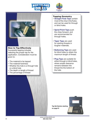 60
www.northlanddrill.com
800-942-1501
®
How to Tap Effectively
Successful tapping includes
selecting the proper tap for the
application. Consideration must be
given to:
• The material to be tapped
• The material hardness
• Whether the hole is a through hole
or a blind hole
• The depth or length of thread
• The percentage of thread
Tap Set Section starting
on page 61
Tapping Geometry
• Straight Flute Taps contain
most of the chip in the ﬂutes,
and can be used for through
or blind holes.
• Spiral Point Taps push
the chips forward, and
are recommended for
through holes.
• Taper Taps are used
for starting threads in
tougher materials.
• Bottoming Taps are used
for blind holes to obtain the
maximum length of thread.
• Plug Taps are suitable for
either through or blind holes,
where ample clearance
remains between the
thread the the bottom of
the hole.
 