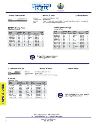 62
www.northlanddrill.com
800-942-1501
®
Material: Heat-Treated Carbon Steel
Coating/Finish: Bright Finish
Chamfer: Taper (7-10 threads long); Plug (3-5 threads long); Bottoming (1-2 threads long)
Other: Not recommended for machine tapping
• Straight Flute Hand Tap • Machos de mano • Tarauds a main
NC = National Course NF = National Fine
NS = National Special NPT = National Pipe Thread
M3 x 0.50 6H 3 #39 083410 5
M4 x 0.70 6H 3 3.3mm 083411 5
M5 x 0.80 6H 3 #19 083412 5
M6 x 1.00 6H 3 #8 083413 5
M8 x 1.25 6H 4 H 083414 5
M10 x 1.50 6H 4 Q 083415 5
M12 x 1.25 6H 4 27/64 083416 5
M12 x 1.75 6H 4 Y 083417 5
Size/ Thread # of Drill Pkg
Pitch Class Flutes Size Stock# Qty
834MP (Metric Plug)
Packaging: Envelope
M4 x 0.70 6H 3 3.3mm 083436 1
M5 x 0.80 6H 3 #19 083437 1
M6 x 1.00 6H 3 #8 083438 1
M8 x 1.25 6H 4 H 083439 1
M10 x 1.25 6H 4 11/32 083440 1
M10 x 1.50 6H 4 Q 083441 1
M12 x 1.25 6H 4 27/64 083442 1
M12 x 1.75 6H 4 Y 083443 1
M14 x 1.50 6H 4 12.5mm 083444 1
M14 x 2.00 6H 4 12mm 083419 1
Size/ Thread # of Drill Pkg
Pitch Class Flutes Size Stock# Qty
834MP (Metric Plug)
Packaging: Tube
Size/ Thread Drill # of Pkg
Pitch Designation Size Flutes Stock# Qty
1–11-1/2 NPT 1-5/32 5 083445 1
2–11-1/2 NPT 2-7/32 7 083446 1
1/2–14 NPT 45/64 4 083447 1
1/4–18 NPT 7/16 4 083448 1
1/8–27 NPT R 4 083449 1
3/4–14 NPT 59/64 4 083450 1
3/8–18 NPT 37/64 4 083451 1
1-1/2–11-1/2 NPT 1-47/64 7 083452 1
1-1/4–11-1/2 NPT 1-1/2 5 083453 1
834NPT
Packaging: Tube
• Taper Pipe Hand Tap
Material: Heat-Treated Carbon Steel
Coating/Finish: Bright Finish
Other: Not recommended for machine tapping
• Machos de mano • Tarauds a main
TAPS&DIES
Tool
Tip
Straight ﬂute taps can be used
in through or blind holes
Look for this icon for more tap and
other helpful information
Tool
Tip
 