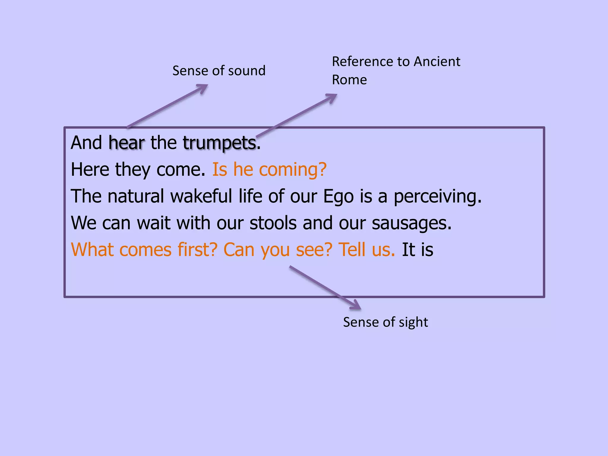 Reference to Ancient
            Sense of sound
                                Rome



And hear the trumpets.
Here they come. Is he coming?
The natural wakeful life of our Ego is a perceiving.
We can wait with our stools and our sausages.
What comes first? Can you see? Tell us. It is


                                  Sense of sight
 