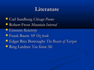 LiteratureLiterature
 Carl SandburgCarl Sandburg Chicago PoemsChicago Poems
 Robert FrostRobert Frost Mountain IntervalMountain Interval
 EinsteinEinstein RelativityRelativity
 Frank BaumFrank Baum 1010thth
Oz bookOz book
 Edgar Rice BurroughsEdgar Rice Burroughs The Beasts of TarzanThe Beasts of Tarzan
 Ring LardnerRing Lardner You Know MeYou Know Me
 