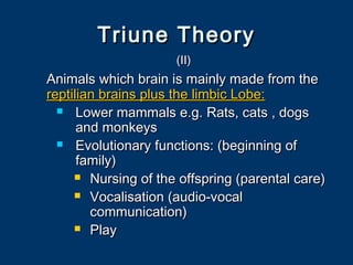 Triune TheoryTriune Theory
(II)(II)
Animals which brain is mainly made from theAnimals which brain is mainly made from the
reptilian brains plus the limbic Lobe:reptilian brains plus the limbic Lobe:
 Lower mammals e.g. Rats, cats , dogsLower mammals e.g. Rats, cats , dogs
and monkeysand monkeys
 Evolutionary functions: (beginning ofEvolutionary functions: (beginning of
family)family)
 Nursing of the offspring (parental care)Nursing of the offspring (parental care)
 Vocalisation (audio-vocalVocalisation (audio-vocal
communication)communication)
 PlayPlay
 