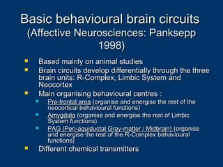 Basic behavioural brain circuitsBasic behavioural brain circuits
(Affective Neurosciences: Panksepp(Affective Neurosciences: Panksepp
1998)1998)
 Based mainly on animal studiesBased mainly on animal studies
 Brain circuits develop differentially through the threeBrain circuits develop differentially through the three
brain units:brain units: R-Complex, Limbic System andR-Complex, Limbic System and
NeocortexNeocortex
 Main organising behavioural centres :Main organising behavioural centres :
 Pre-frontal areaPre-frontal area (organise and energise the rest of the(organise and energise the rest of the
neocortical behavioural functions)neocortical behavioural functions)
 AmygdalaAmygdala (organise and energise the rest of Limbic(organise and energise the rest of Limbic
System functions)System functions)
 PAG (Peri-aquiductal Gray-matter / Midbrain)PAG (Peri-aquiductal Gray-matter / Midbrain) (organise(organise
and energise the rest of the R-Complex behaviouraland energise the rest of the R-Complex behavioural
functions)functions)
 Different chemical transmittersDifferent chemical transmitters
 