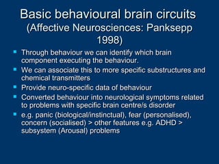 Basic behavioural brain circuitsBasic behavioural brain circuits
(Affective Neurosciences: Panksepp(Affective Neurosciences: Panksepp
1998)1998)
 Through behaviour we can identify which brainThrough behaviour we can identify which brain
component executing the behaviour.component executing the behaviour.
 We can associate this to more specific substructures andWe can associate this to more specific substructures and
chemical transmitterschemical transmitters
 Provide neuro-specific data of behaviourProvide neuro-specific data of behaviour
 Converted behaviour into neurological symptoms relatedConverted behaviour into neurological symptoms related
to problems with specific brain centre/s disorderto problems with specific brain centre/s disorder
 e.g. panic (biological/instinctual), fear (personalised),e.g. panic (biological/instinctual), fear (personalised),
concern (socialised) > other features e.g. ADHD >concern (socialised) > other features e.g. ADHD >
subsystem (Arousal) problemssubsystem (Arousal) problems
 