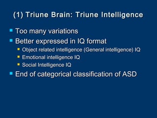 (1)(1) Triune Brain: Triune IntelligenceTriune Brain: Triune Intelligence
 Too many variationsToo many variations
 Better expressed in IQ formatBetter expressed in IQ format
 Object related intelligence (General intelligence) IQObject related intelligence (General intelligence) IQ
 Emotional intelligence IQEmotional intelligence IQ
 Social Intelligence IQSocial Intelligence IQ
 End of categorical classification of ASDEnd of categorical classification of ASD
 