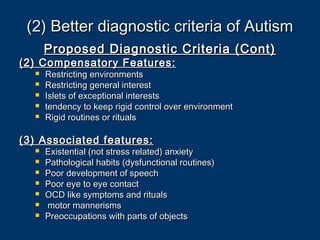 (2) Better diagnostic criteria of Autism(2) Better diagnostic criteria of Autism
Proposed Diagnostic Criteria (Cont)Proposed Diagnostic Criteria (Cont)
(2) Compensatory Features:(2) Compensatory Features:
 Restricting environmentsRestricting environments
 Restricting general interestRestricting general interest
 Islets of exceptional interestsIslets of exceptional interests
 tendency to keep rigid control over environmenttendency to keep rigid control over environment
 Rigid routines or ritualsRigid routines or rituals
(3) Associated features:(3) Associated features:
 Existential (not stress related) anxietyExistential (not stress related) anxiety
 Pathological habits (dysfunctional routines)Pathological habits (dysfunctional routines)
 Poor development of speechPoor development of speech
 Poor eye to eye contactPoor eye to eye contact
 OCD like symptoms and ritualsOCD like symptoms and rituals
 motor mannerismsmotor mannerisms
 Preoccupations with parts of objectsPreoccupations with parts of objects
 