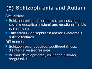 (5) Schizophrenia and Autism(5) Schizophrenia and Autism
Similarities:Similarities:
 Schizophrenia > disturbance of processing ofSchizophrenia > disturbance of processing of
social (neocortical system) and emotional (limbicsocial (neocortical system) and emotional (limbic
system) datasystem) data
 Late stages Schizophrenia (deficit syndrome)>Late stages Schizophrenia (deficit syndrome)>
autistic featuresautistic features
Differences:Differences:
 Schizophrenia: acquired, adulthood illness,Schizophrenia: acquired, adulthood illness,
disintegrative (regressive)disintegrative (regressive)
 Autism: developmental, childhood disorder,Autism: developmental, childhood disorder,
progressiveprogressive
 
