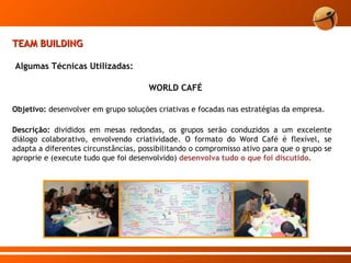 TEAM BUILDING Algumas Técnicas Utilizadas: Objetivo:  desenvolver em grupo soluções criativas e focadas nas estratégias da empresa. Descrição:  divididos em mesas redondas, os grupos serão conduzidos a um excelente diálogo colaborativo, envolvendo criatividade. O formato do Word Café é flexível, se adapta a diferentes circunstâncias, possibilitando o compromisso ativo para que o grupo se aproprie e (execute tudo que foi desenvolvido)  desenvolva tudo o que foi discutido. WORLD CAFÉ 