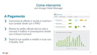 Comunica le offerte e novità e inserisci i
tuoi contatti diretti con il PRO
Mostra le tariffe ufficiali del tuo sito e
converti il traffico in prenotazioni dirette
con il Direct Connect
Testa le tue qualità e mettile in luce con
il Quality Test
A Pagamento
15
Come intervenire
con trivago Hotel Manager
 
