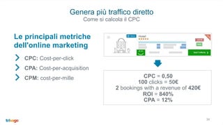 34
Genera più traffico diretto
CPC: Cost-per-click
CPA: Cost-per-acquisition
CPM: cost-per-mille
Le principali metriche
dell'online marketing
Come si calcola il CPC
CPC = 0,50
100 clicks = 50€
2 bookings with a revenue of 420€
ROI = 840%
CPA = 12%
 