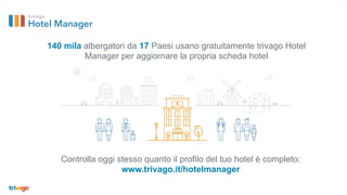 140 mila albergatori da 17 Paesi usano gratuitamente trivago Hotel
Manager per aggiornare la propria scheda hotel
Controlla oggi stesso quanto il profilo del tuo hotel è completo:
www.trivago.it/hotelmanager
 