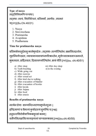 DINCHARYA
Dept of swasthavrrta 19 Compiled by Trivendra
S.k.
Type of nasya
तद्द्विविधर्वप पञ्चधम |
तद्यर्म- नस्यं, भशरोविर...