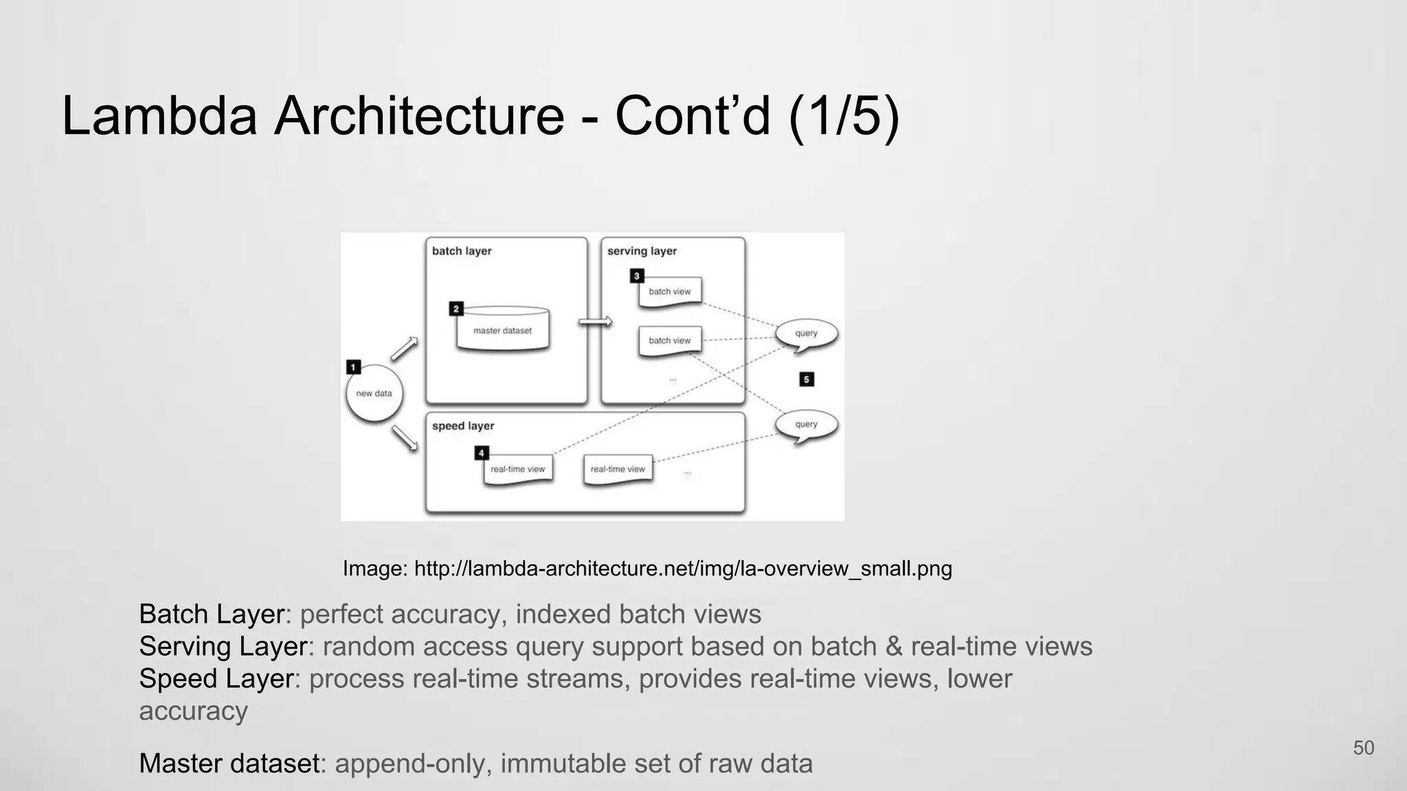 Lambda Architecture - Cont’d (1/5)
50
Image: http://lambda-architecture.net/img/la-overview_small.png
Batch Layer: perfect accuracy, indexed batch views
Serving Layer: random access query support based on batch & real-time views
Speed Layer: process real-time streams, provides real-time views, lower
accuracy
Master dataset: append-only, immutable set of raw data
 
