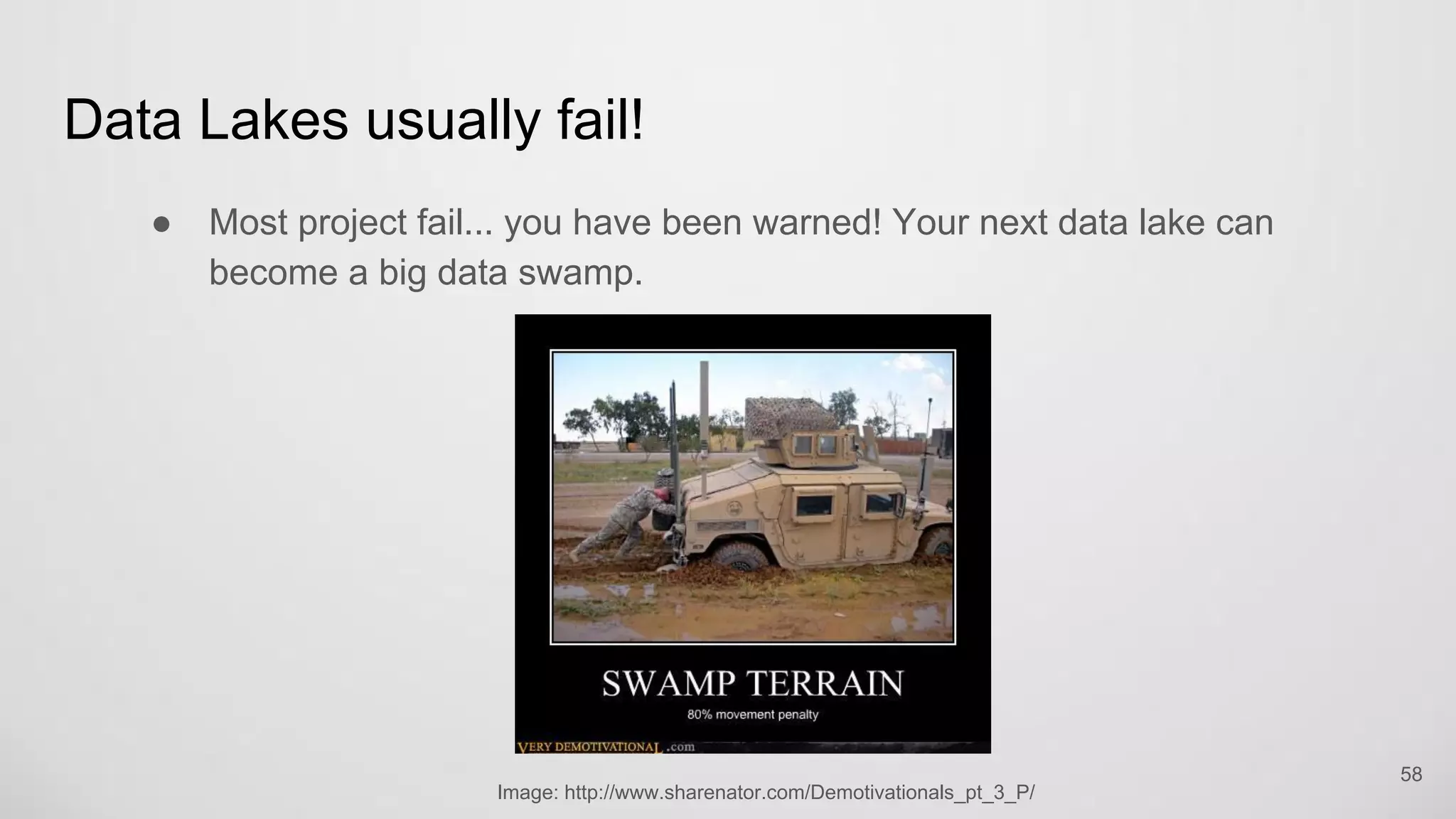 Data Lakes usually fail!
Most project fail... you have been warned! Your next data lake can become
a big data swamp.
58
Image: http://www.sharenator.com/Demotivationals_pt_3_P/
 