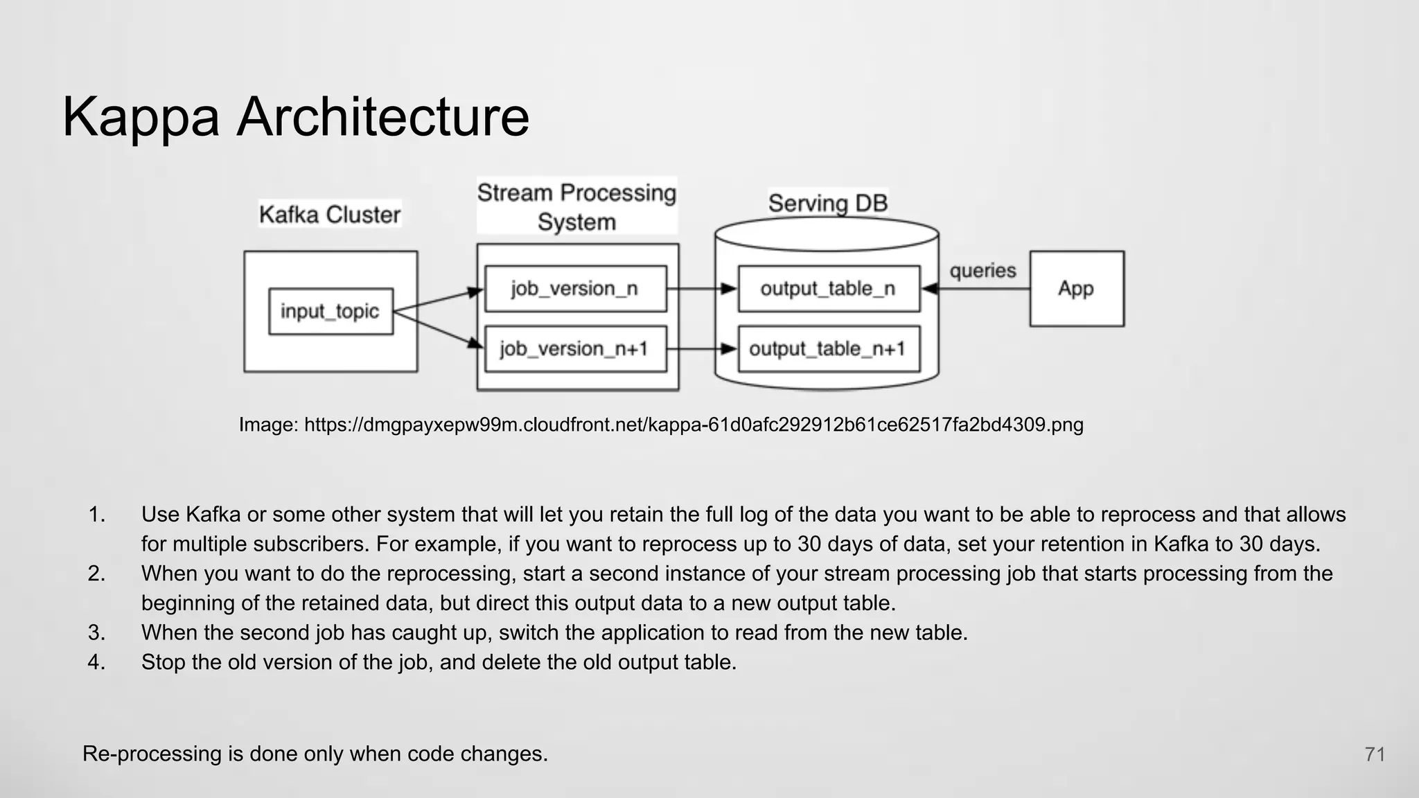 Kappa Architecture
1. Use Kafka or some other system that will let you retain the full log of the data you want to be able to reprocess and that allows
for multiple subscribers. For example, if you want to reprocess up to 30 days of data, set your retention in Kafka to 30 days.
2. When you want to do the reprocessing, start a second instance of your stream processing job that starts processing from the
beginning of the retained data, but direct this output data to a new output table.
3. When the second job has caught up, switch the application to read from the new table.
4. Stop the old version of the job, and delete the old output table.
Re-processing is done only when code changes. 71
Image: https://dmgpayxepw99m.cloudfront.net/kappa-61d0afc292912b61ce62517fa2bd4309.png
 