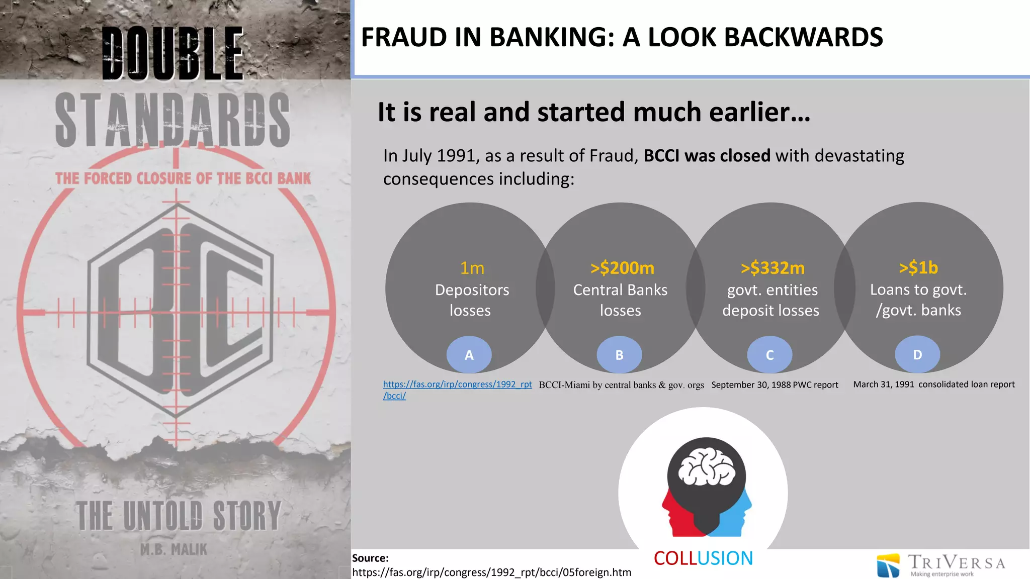 In July 1991, as a result of Fraud, BCCI was closed with devastating
consequences including:
Source:
https://fas.org/irp/congress/1992_rpt/bcci/05foreign.htm
It is real and started much earlier…
1m
Depositors
losses
A
>$200m
Central Banks
losses
B
>$332m
govt. entities
deposit losses
C
>$1b
Loans to govt.
/govt. banks
D
September 30, 1988 PWC reportBCCI-Miami by central banks & gov. orgs March 31, 1991 consolidated loan reporthttps://fas.org/irp/congress/1992_rpt
/bcci/
COLLUSION
FRAUD IN BANKING: A LOOK BACKWARDS
 