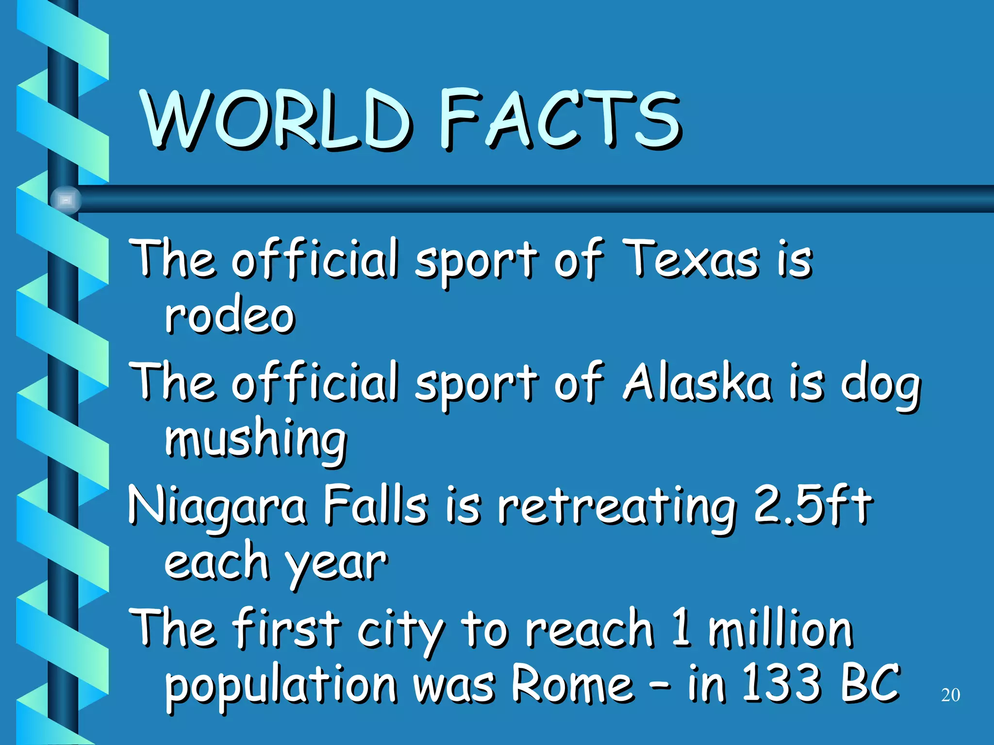 The official sport of Texas is rodeo The official sport of Alaska is dog mushing Niagara Falls is retreating 2.5ft each year The first city to reach 1 million population was Rome – in 133 BC WORLD FACTS 