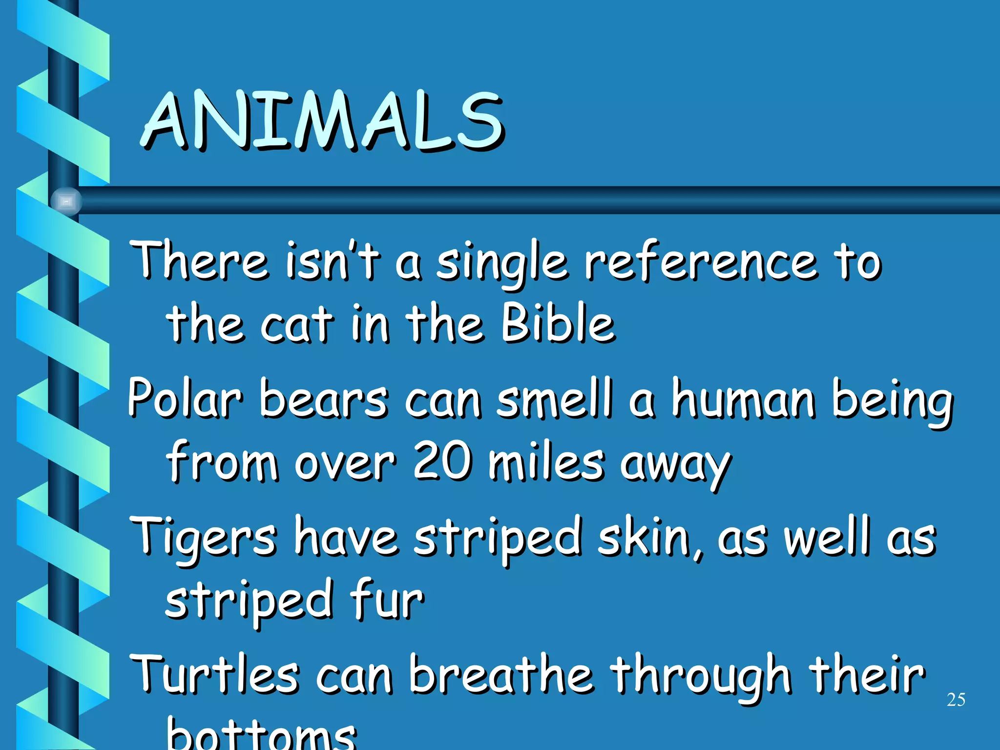 There isn’t a single reference to the cat in the Bible Polar bears can smell a human being from over 20 miles away Tigers have striped skin, as well as striped fur Turtles can breathe through their bottoms ANIMALS 