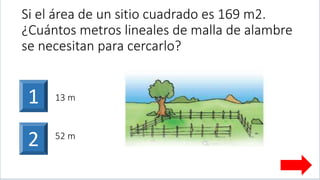 Si el área de un sitio cuadrado es 169 m2.
¿Cuántos metros lineales de malla de alambre
se necesitan para cercarlo?
1
2 52 m
13 m
 
