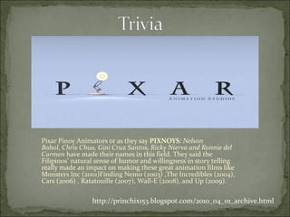 Pixar Pinoy Animators or as they say  PIXNOYS :  Nelson Bohol ,  Chris Chua, Gini Cruz Santos, Ricky Nierva and Ronnie del Carmen  have made their names in this field. They said the Filipinos' natural sense of humor and willingness in story telling really made an impact on making these great animation films like Monsters Inc (2001)Finding Nemo (2003) ,The Incredibles (2004), Cars (2006) , Ratatouille (2007), Wall-E (2008), and Up (2009).  http://princhix153.blogspot.com/2010_04_01_archive.html 