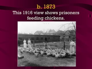 b. 1873 This 1916 view shows prisoners feeding chickens. 