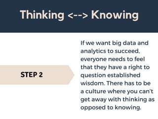 C
Thinking <--> Knowing
If we want big data and
analytics to succeed,
everyone needs to feel
that they have a right to
question established
wisdom. There has to be
a culture where you can’t
get away with thinking as
opposed to knowing.
STEP 2
 
