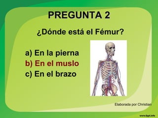 PREGUNTA 2PREGUNTA 2
¿Dónde está el Fémur?
a) En la pierna
b) En el muslo
c) En el brazo
Elaborada por Christian
 