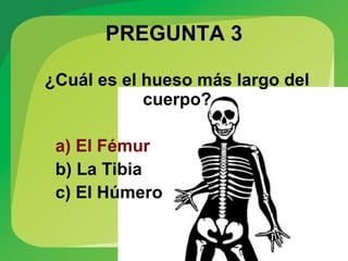 PREGUNTA 3PREGUNTA 3
¿Cuál es el hueso más largo del
cuerpo?
a) El Fémur
b) La Tibia
c) El Húmero
 