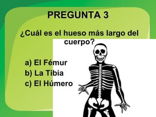 PREGUNTA 3PREGUNTA 3
¿Cuál es el hueso más largo del
cuerpo?
a) El Fémur
b) La Tibia
c) El Húmero
 