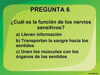 PREGUNTA 6PREGUNTA 6
¿Cuál es la función de los nervios
sensitivos?
a) Llevan información
b) Transportan la sangre hacia los
sentidos
c) Unen los músculos con los
órganos de los sentidos
.
 