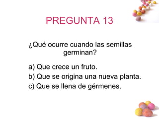 PREGUNTA 13 ¿Qué ocurre cuando las semillas germinan? a) Que crece un fruto. b) Que se origina una nueva planta. c) Que se llena de gérmenes. 