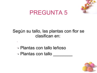 PREGUNTA 5 Según su tallo, las plantas con flor se clasifican en:  - Plantas con tallo leñoso - Plantas con tallo ________ 