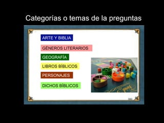 Categorías o temas de la preguntas

    ARTE Y BIBLIA

    GÉNEROS LITERARIOS

    GEOGRAFÍA

    LIBROS BÍBLICOS

    PERSONAJES

    DICHOS BÍBLICOS
 